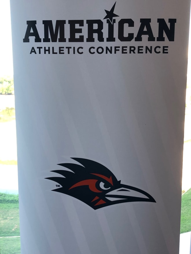 UTSA's banner in the foyer of the AAC media days at Live by Loews in Arlington.