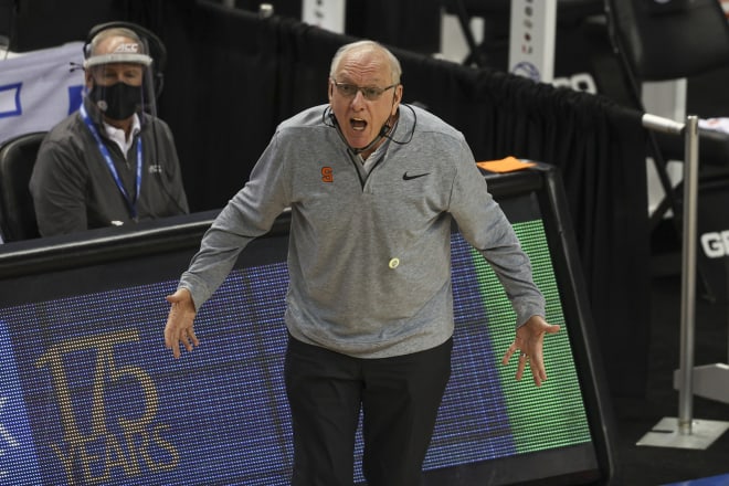 Jim Boeheim reacts during the 2021 ACC tournament held in Greensboro. 