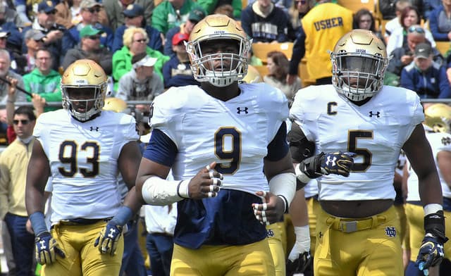 Sophomore end Daelin Hayes (9) led the Irish in solo tackles (7), tackles for loss (4) and sacks (3) in the Blue-Gold Game.
