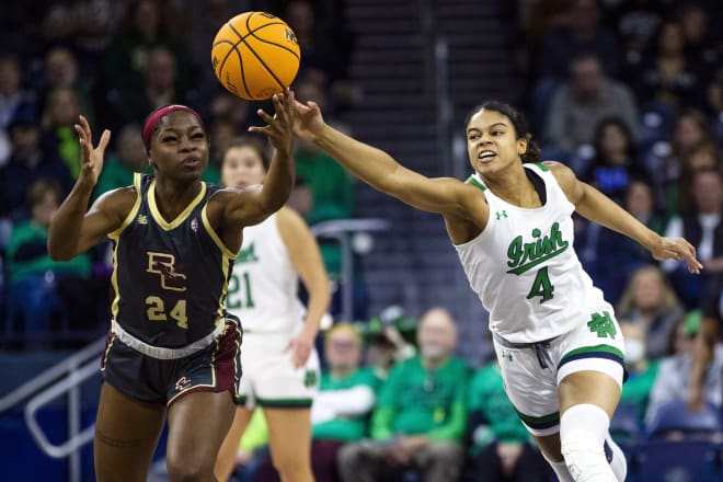 Notre Dame's Cassandre Prosper (4) knocks the ball away from Boston College's Dontavia Waggoner (24) during Sunday's Irish victory.
