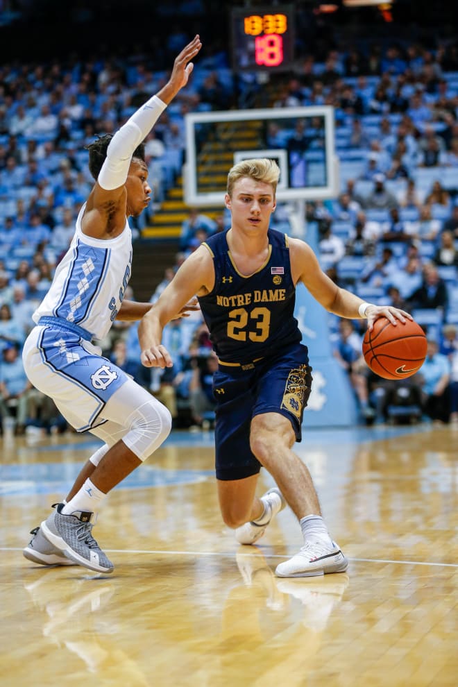 Notre Dame sophomore guard Dane Goodwin, seen here in the season-opener against North Carolina, had a team-high 18 points Saturday in an easy win over Robert Morris.