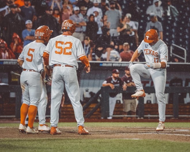 Melendez was fired up when he touched home following his three-run homer. (@TexasBaseball)