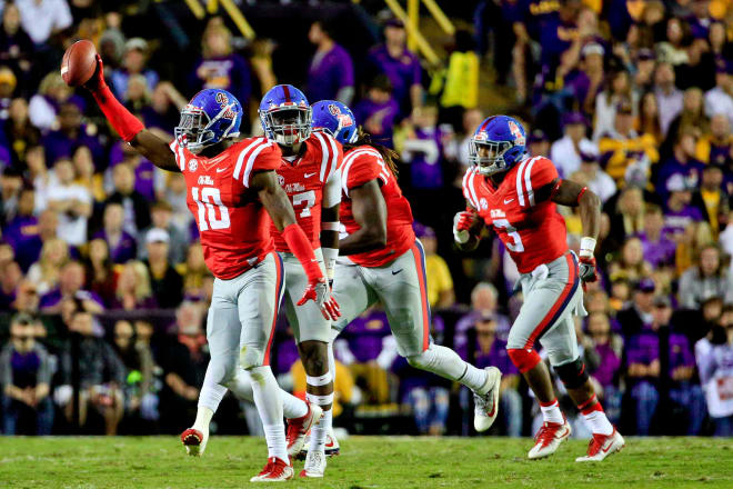 Ole Miss' Marquis Haynes celebrates a fumble recovery during the Tigers' loss at LSU last October. Haynes and the Rebels will entertain the Tigers Saturday at 6:15 p.m. at Vaught-Hemingway Stadium. 