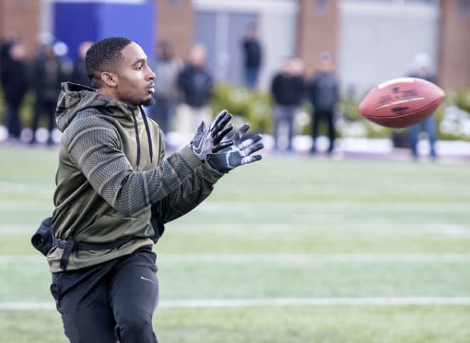 Former James Madison wide receiver Rashard Davis catches a pass during the Dukes' pro day in March. Davis' brother, Rakeem Davis, is a JMU commit.