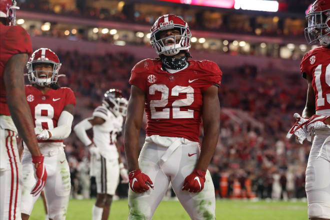 Alabama Crimson Tide running back Najee Harris celebrates following a play against Mississippi State. Photo | Getty Images