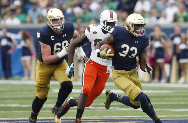 Josh Adams ran for 94 of Notre Dame’s 148 rushing yards in last year’s win over Miami, but the Irish ground attack is much more prolific this season.