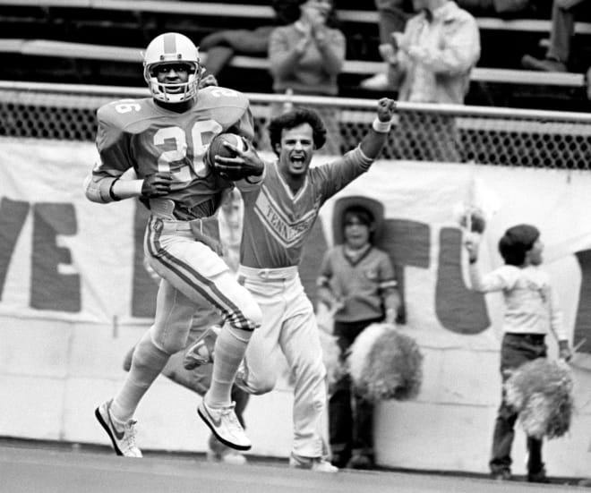 Tennessee sophomore Willie Gault (26) is in the endzone as he takes the opening kickoff for a 92-yard touchdown against against Kentucky. The Vols walloped the Wildcats 45-14 before 90,244 in Knoxville Nov. 22, 1980.