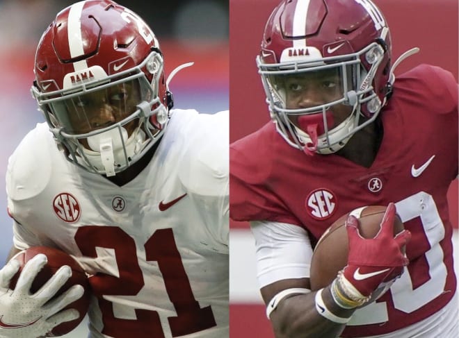 Alabama Crimson Tide running back Jase McClellan, left, and receiver JoJo Earle, right. Photos | USA TODAY