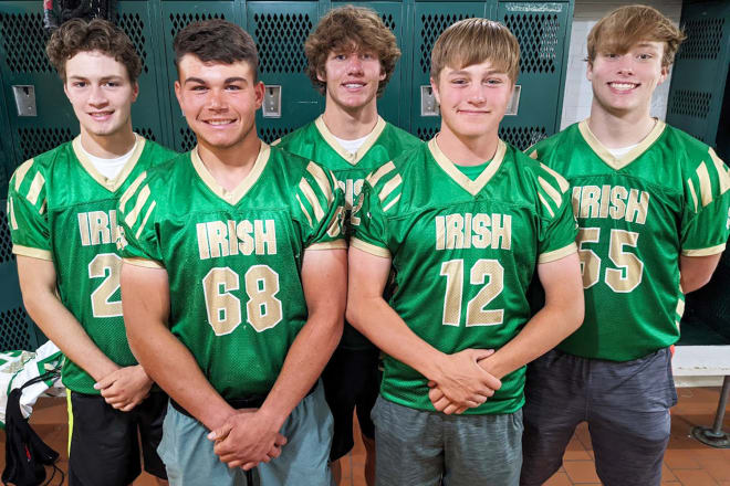 Dropping to eight-man should fit North Platte St. Pat's just fine, especially when your roster includes talented players like these: (front row, left to right) Sam Scholz (68), Matthew Phelps (12); (back, l-r) Will Moats (21), Jackson Roberts (8), and Seth Engler (55).