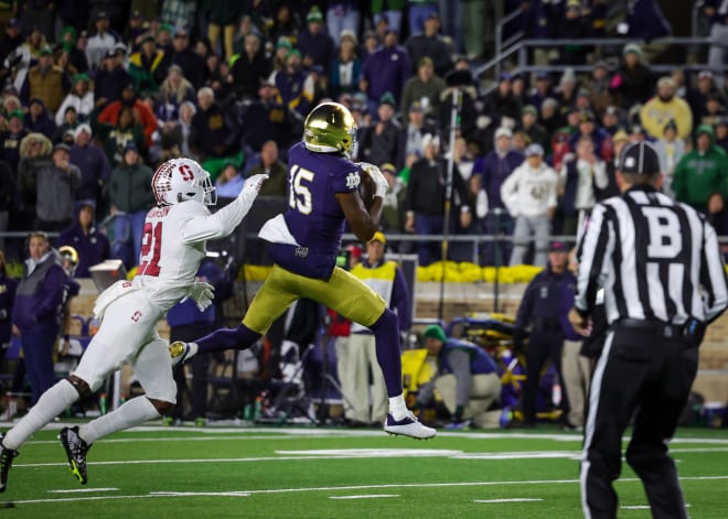 Notre Dame wide receiver Tobias Merriweather, right, caught the lone touchdown pass of his freshman season against Stanford last year.