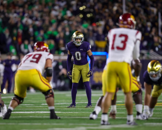 Notre Dame safety Xavier Watts (0) had a monster game Oct. 14 against USC and 2022 Heisman Trophy winner, Trojans QB Caleb Williams (13).