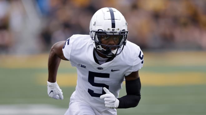 Penn State wide receiver Jahan Dotson (5) runs a play during the first half of an NCAA college football game against Iowa, Saturday, Oct. 9, 2021, in Iowa City, Iowa. (AP Photo/Matthew Putney)