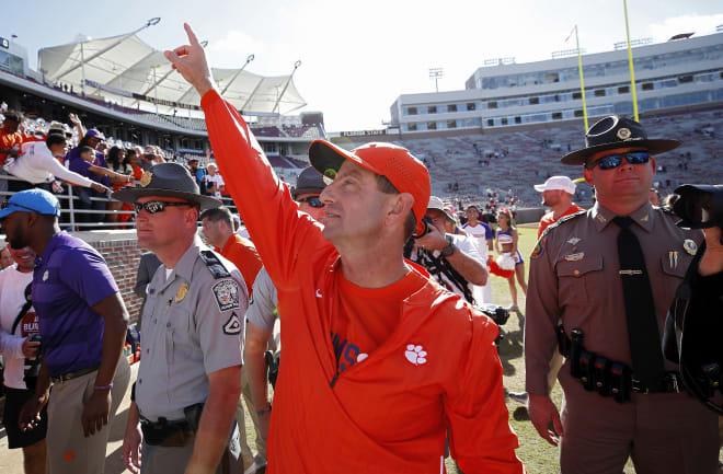 Dabo Swinney is shown here last year exiting a largely empty Doak Campbell Stadium.  Swinney is seeking his fifth consecutive win over Florida State.