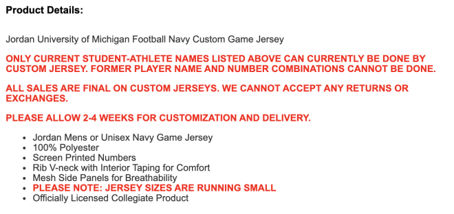 M Den selling Michigan football jerseys with players' names on the