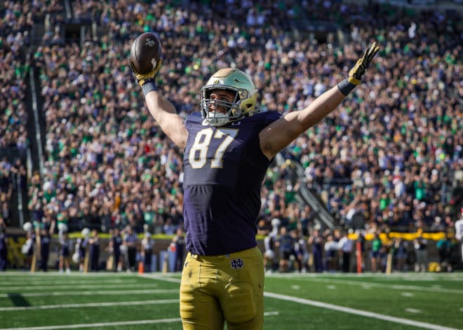 Notre Dame tight end Michael Mayer celebrates his 15th career TD.