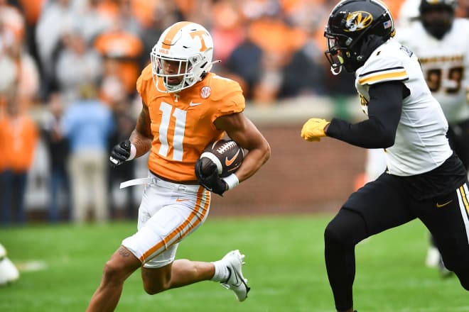 Tennessee receiver Jalin Hyatt runs after a catch against Missouri on Nov. 12, 2022 at Neyland Stadium.