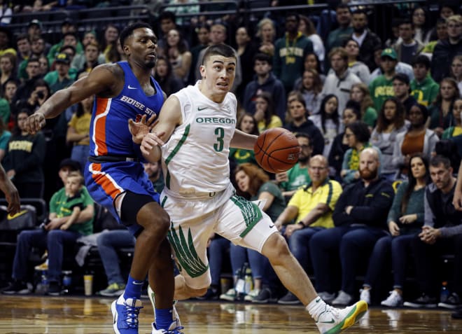 Oregon guard Payton Pritchard (3) drives on Boise State in an NCAA college basketball game Saturday, Nov. 9, 2019, in Eugene, Ore.