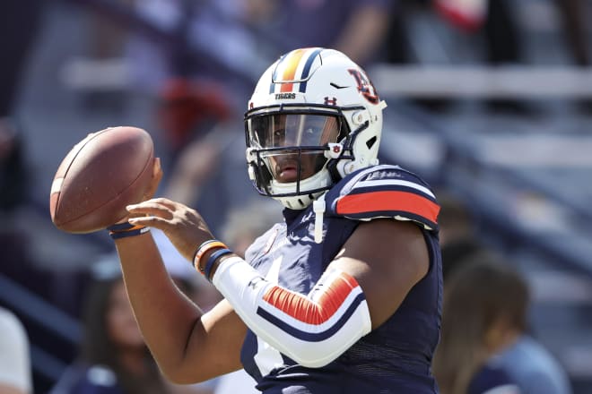 Auburn quarterback TJ Finley (1) warms up before the start of an NCAA college football game against Georgia Saturday, Oct. 9, 2021, in Auburn, Ala. (AP Photo/Butch Dill)