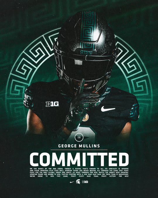 Class of 2025 three-star cornerback George Mullins commits to Michigan State (graphic by Michigan State Football)