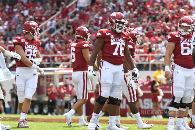 Myron Cunningham is expected to anchor Arkansas' offensive line at left tackle in 2020.