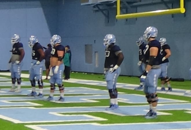 First-team OL on Tuesday with Montilus (63) at left guard. 