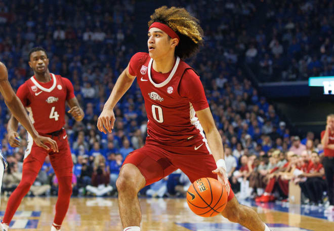 Arkansas point guard Anthony Black dribbles during a win over Kentucky on Feb. 7. 