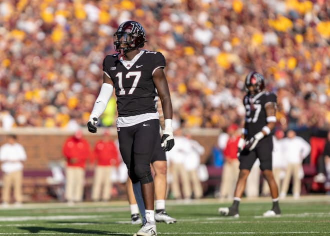 Oct 29, 2022; Minneapolis, Minnesota, USA; Minnesota Golden Gophers defensive lineman Jah Joyner (17) in action against the Rutgers Scarlet Knights in the fourth quarter at Huntington Bank Stadium. Mandatory Credit: Matt Blewett-USA TODAY Sports