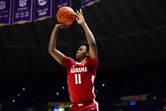 Alabama basketball guard Joshua Primo shoots a 3 against LSU. Photo | SEC 