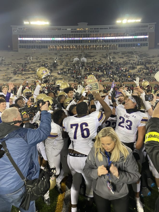 Tyler Gant's St. Louis Christian Brothers Cadets celebrate winning the Missouri state championship.