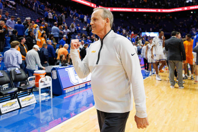 Feb 3, 2024; Lexington, Kentucky, USA; Tennessee Volunteers head coach Rick Barnes celebrates as he walks off the court after the game against the Kentucky Wildcats at Rupp Arena at Central Bank Center. 