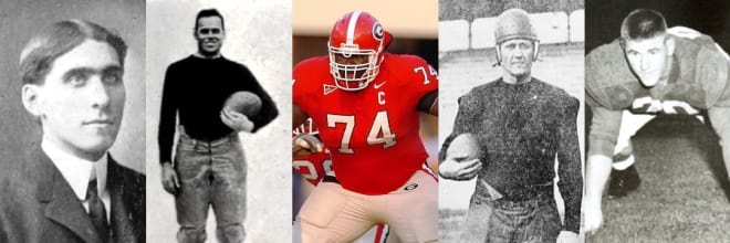 Georgia's All-Name Team has a formidable offensive line consisting of (L to R) Sandy Beaver, Bum Day, Max Jean-Gilles, Puss Whelchel, and Pud Mosteller.