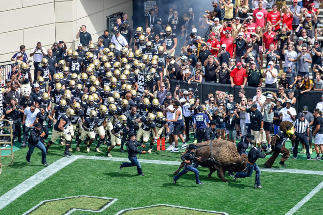 Ralphie V leads the Buffaloes onto Folsom Field on Sept. 7, 2019, in what would end as a thrilling 34-31 overtime win over Nebraska