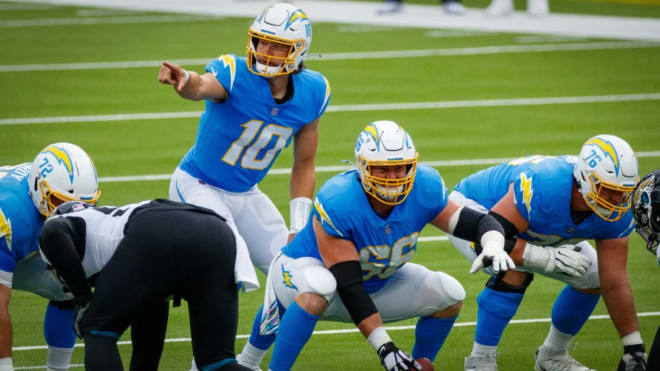 Forrest Lamp lines up to protect Justin Herbert versus the Jaguars on Sunday. (Photo: chargers.com)
