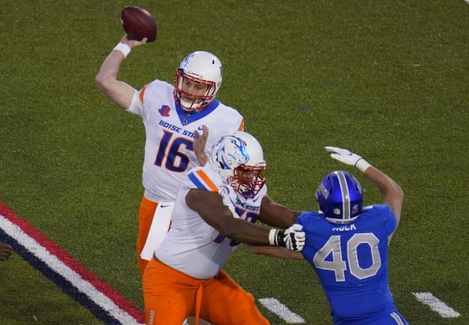 Boise State quarterback Jack Sears throws a pass as offensive lineman John Ojukwu, front left, blocks Air Force linebacker Alec Mock during the second half of an NCAA college football game Saturday, Oct. 31, 2020, at Air Force Academy, Colo. (AP Photo/David Zalubowski)