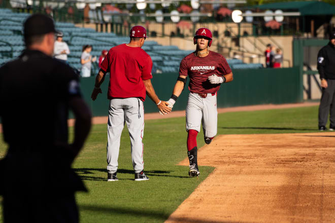 Arkansas CF Tavian Josenberger rounds third during the fall season.