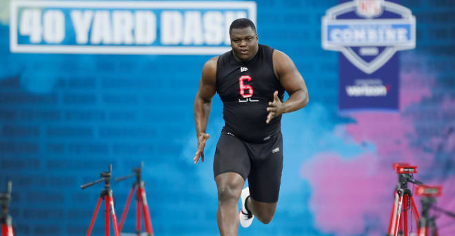 Marlon Davidson (DL6) runs the 40-yard dash during the 2020 NFL Combine.