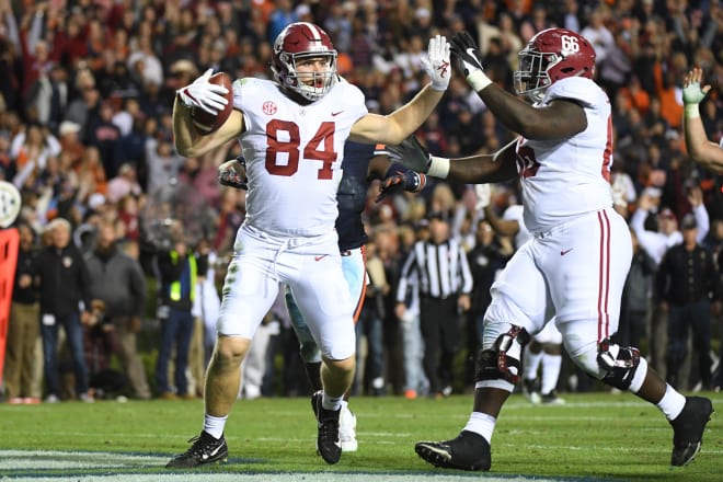 Alabama tight end Hale Hentges (84) reacts after catching a ball in the end zone. It was later ruled that the ball hit the ground. Photo | USA Today.