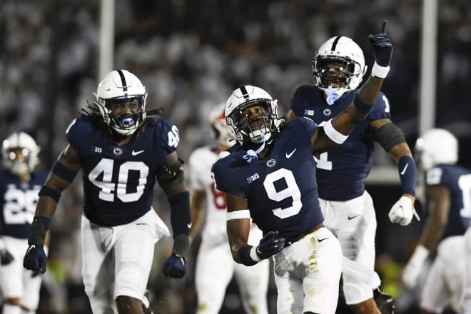 Penn State cornerback Joey Porter Jr. (9) celebrates a fourth down stop on Indiana in the first half of their NCAA college football game in State College, Pa., on Saturday, Oct. 2, 2021. (AP Photo/Barry Reeger)