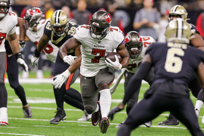 Former LSU running back Leonard Fournette of the Tampa Bay Bucs ran for 65 hard-earned yards on 24 carries in the Bucs’ 20-10 win at New Orleans on Sunday. 