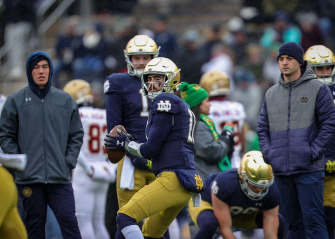 Notre Dame QB Drew Pyne warms up ahead of a 44-0 Irish win over Boston College last Saturday.