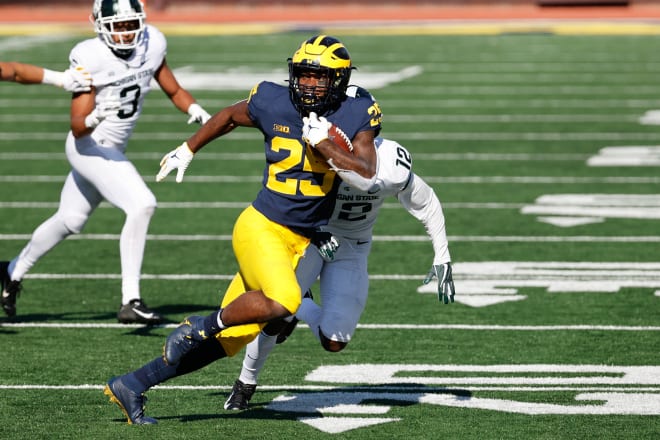 Michigan Wolverines football running back Hassan Haskins has three touchdowns this season.