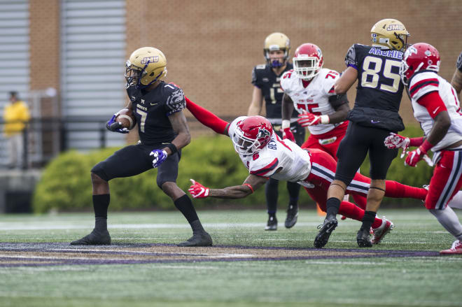 James Madison wide receiver Terrence Alls (7) runs after a catch during the Dukes' win over Stony Brook this past Saturday at Bridgeforth Stadium in Harrisonburg.