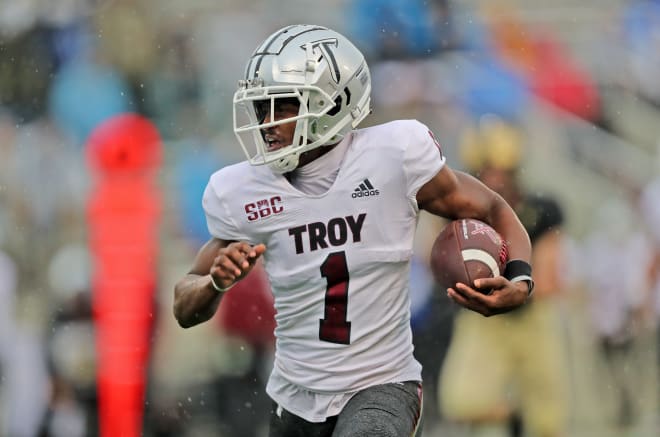 Oct 14, 2023; West Point, New York, USA; Troy Trojans wide receiver Jabre Barber (1) runs after a catch against the Army Black Knights during the first half at Michie Stadium. 
