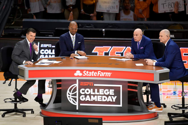 Hosts, from left, Rece Davis, LaPhonso Ellis, Seth Greenberg and Jay Bilas during ESPN's 'College GameDay' broadcast ahead of No. 4 Tennessee's basketball game against No. 10 Texas at Thompson-Boling Arena in Knoxville, Tenn., on Saturday, Jan. 28, 2023. Photo | Calvin Mattheis/News Sentinel / USA TODAY NETWORK