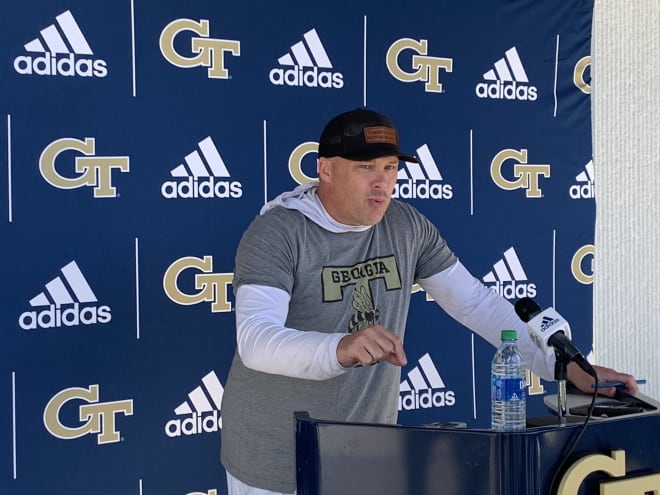 Geoff Collins speaking to the media on Tuesday