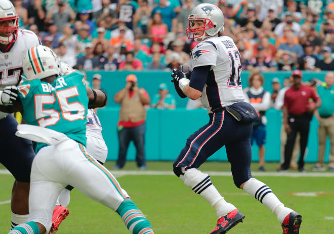 Tom Brady threw for 358 yards with three touchdowns and no picks in New England's last-second loss to Miami.