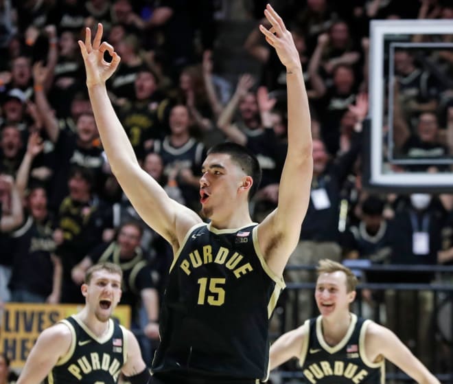 Purdue Boilermakers center Zach Edey (15) reacts after making a three-point shot during the NCAA men s basketball game against the Indiana Hoosiers, Saturday, Feb. 10, 2024, at Mackey Arena in West Lafayette, Ind. Purdue Boilermakers won 79-59.