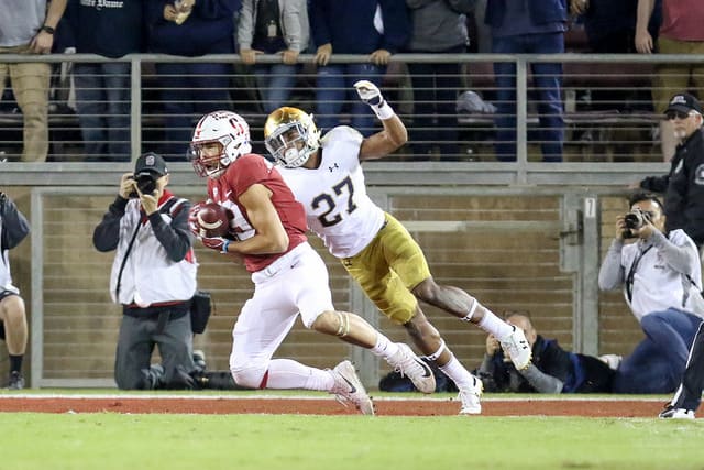 Stanford's JJ Arcega-Whiteside catches the second of four touchdown passes from K.J. Costello.