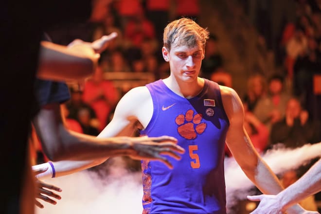 Clemson veteran big man Hunter Tyson is shown here Tuesday night in Littlejohn Coliseum moments before tipoff versus Georgia Tech.