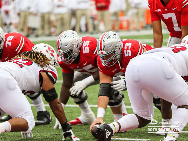 Ohio State's offensive line is off to a great start, but stiffer challenges await. (Birm/DTE)